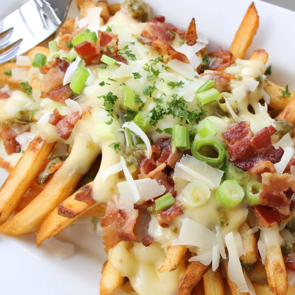 Golden truffle oil loaded fries bake, drizzled with aromatic oil and bubbling cheeses.