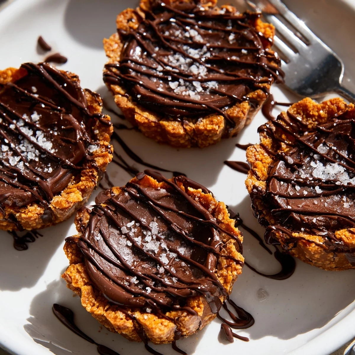 Mini pumpkin chocolate pretzel tartlets drizzled with chocolate and sprinkled with sea salt.