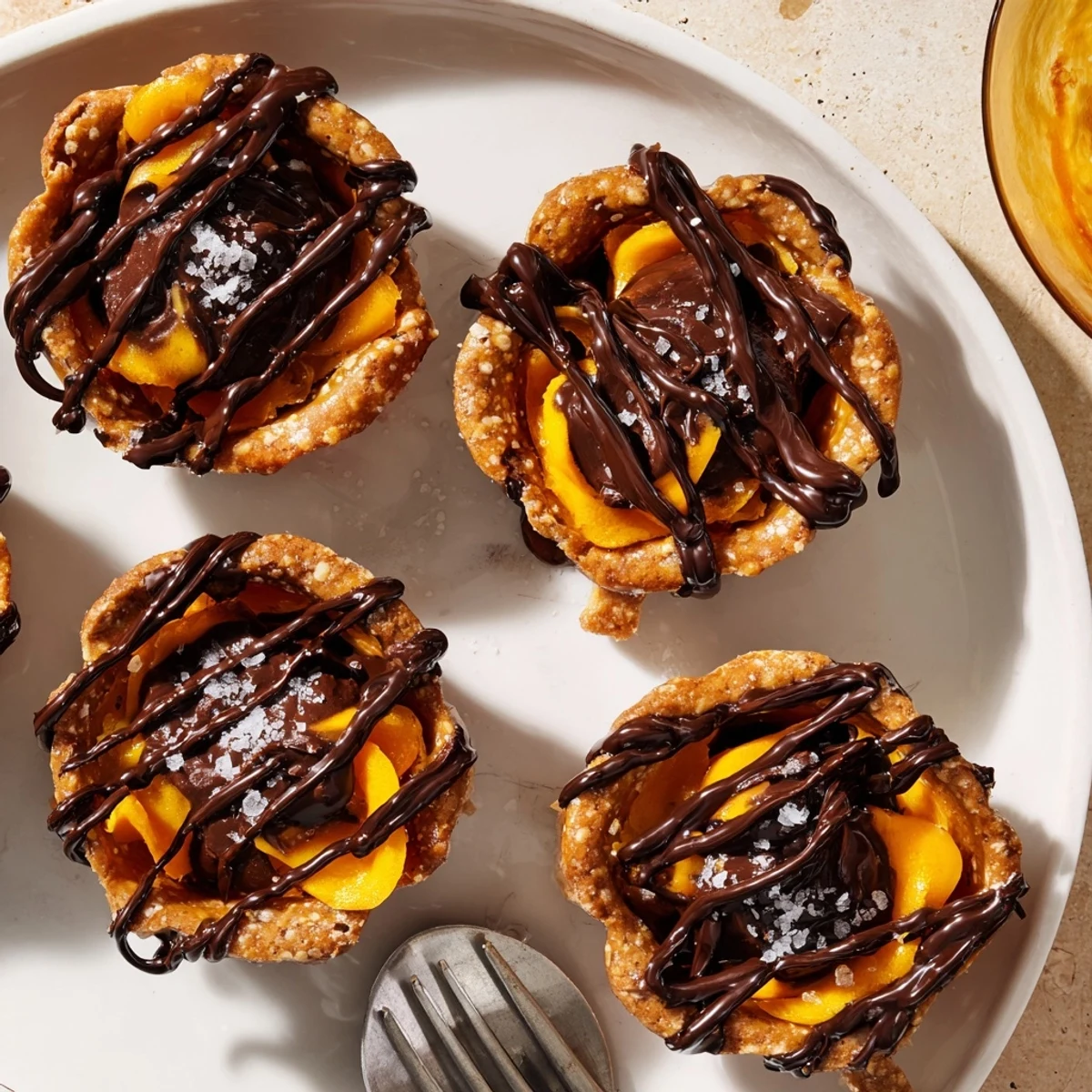 Deliciously crunchy pretzel crust supports a rich pumpkin chocolate filling in tartlets.