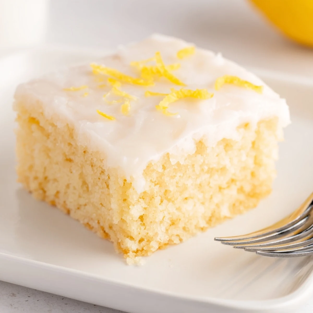 Fluffy lemon soda sheet cake squares drizzled with a zesty lemon glaze.  