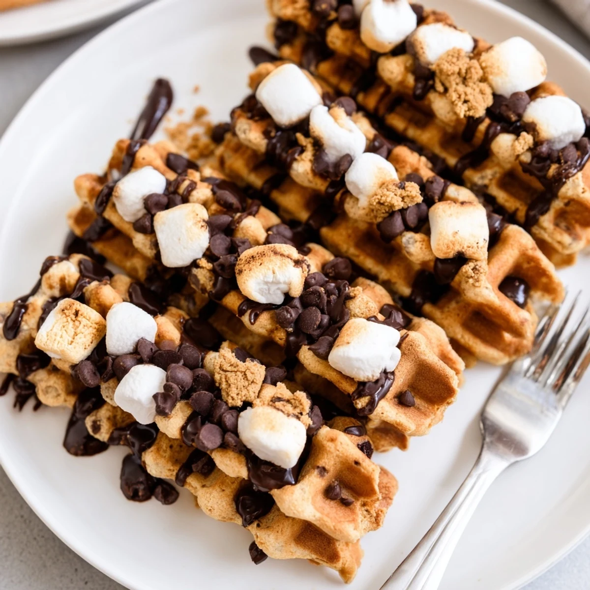 Delicious S’mores Biscotti Waffle Sticks drizzled with melted chocolate and toasted marshmallows.