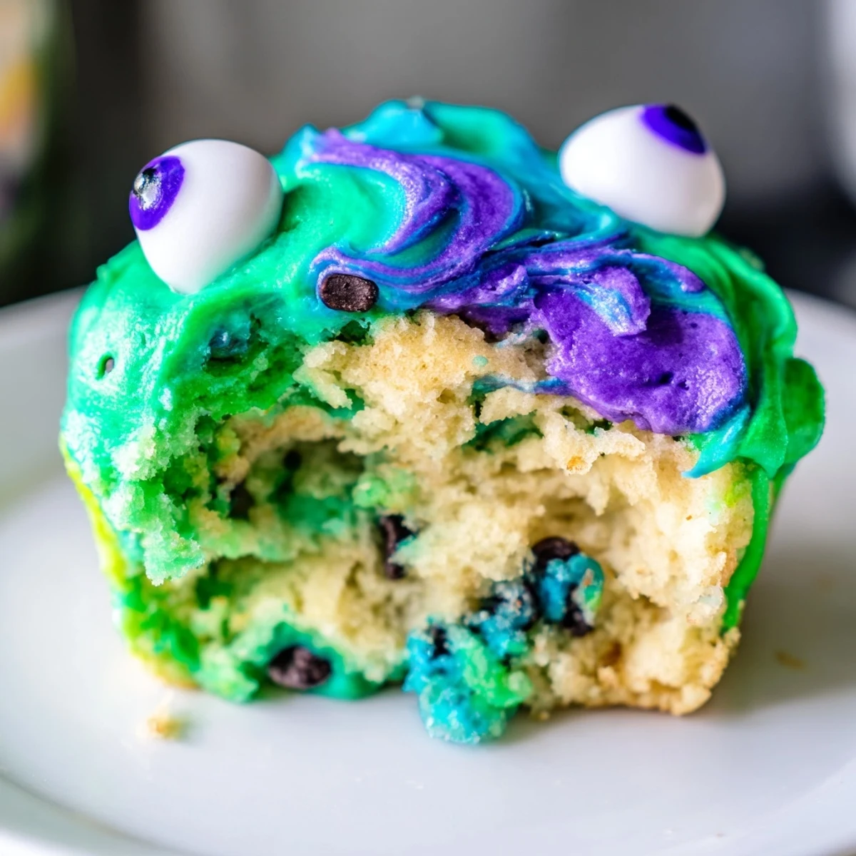 Delicious cream soda monster cake pancake muffins adorned with colorful candy eyeballs.  