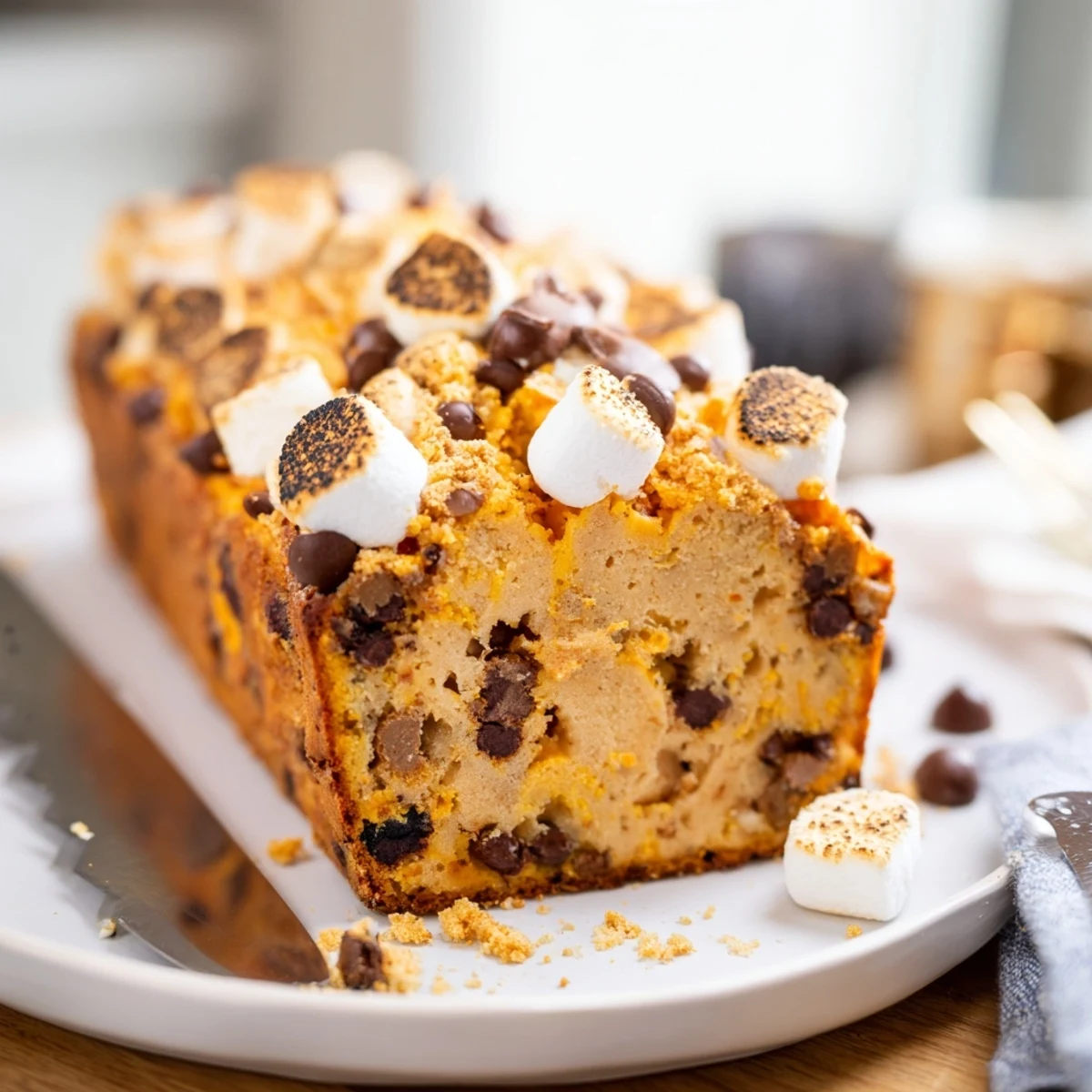 Delicious Smores Cheddar Sweet Potato Pancake Muffin Loaf, drizzled in molten chocolate and marshmallows.