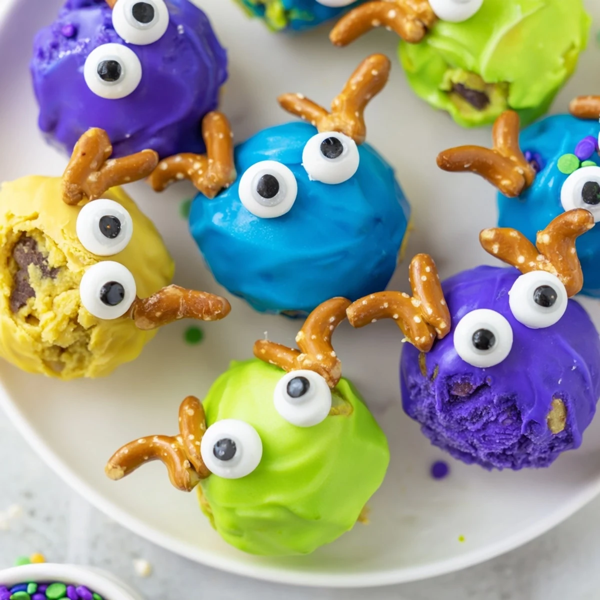 Deliciously whimsical Cheesy Pretzel Cream Cheese Monster Cake Balls with colorful sprinkles.  