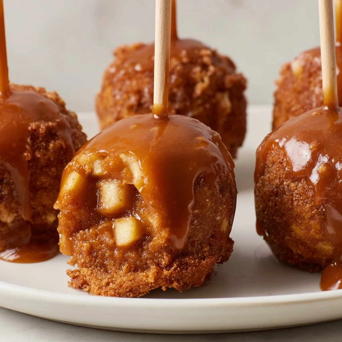 Soft caramel apple chai cinnamon muffin pops drizzled in warm caramel sauce, perfect for fall gatherings.