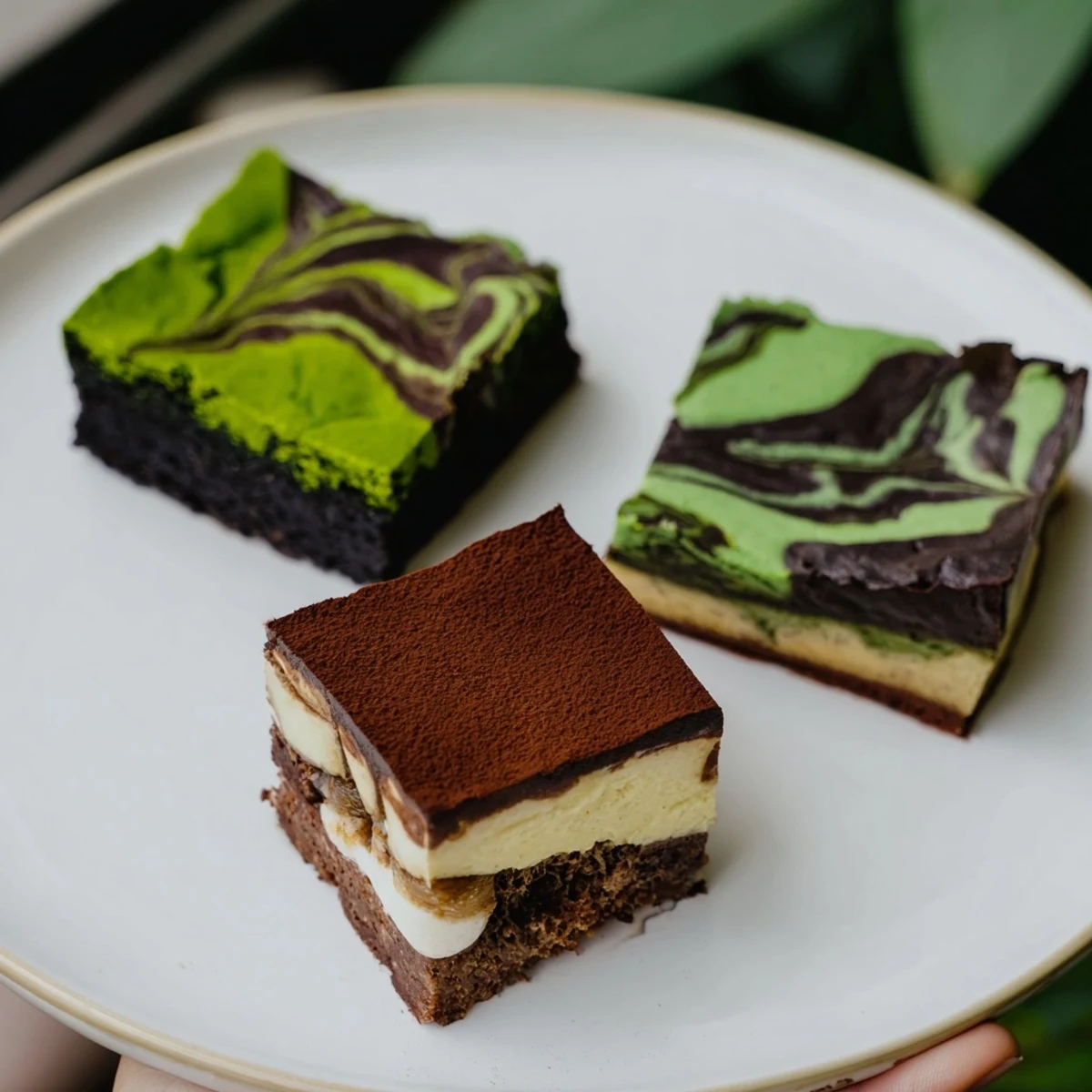 Decadent matcha-miso brownies topped with a fudgy chocolate layer, perfect for dessert.  