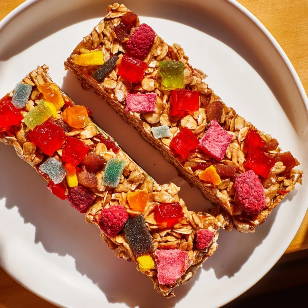 Colorful DIY snack bars topped with chewy gummies and freeze-dried candy.