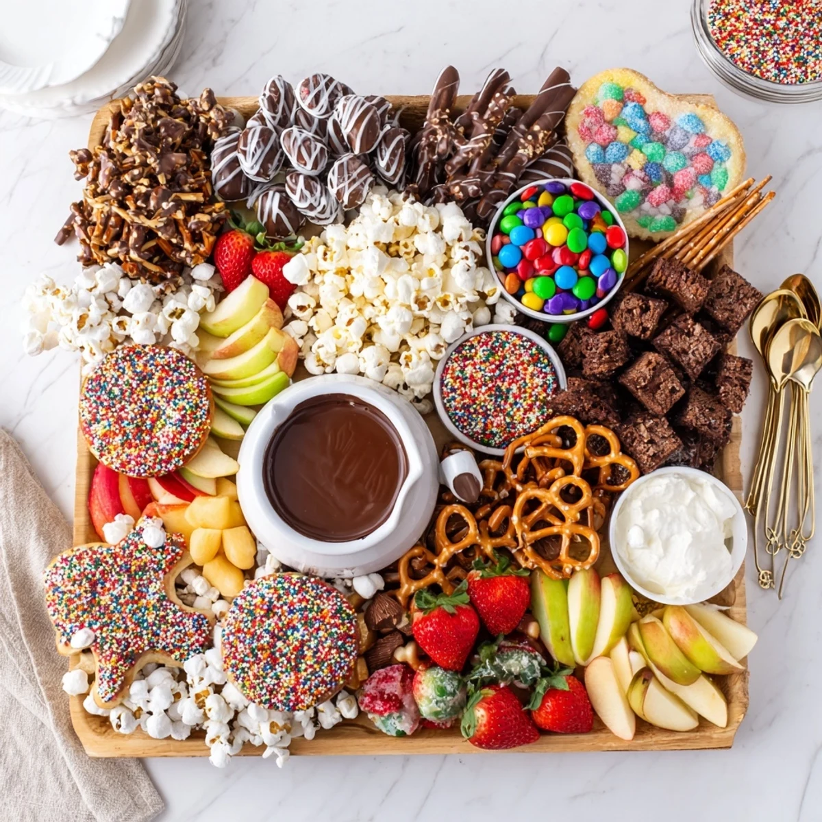 Colorful dessert boards with themed snacks, featuring sweet treats and fresh fruits.  