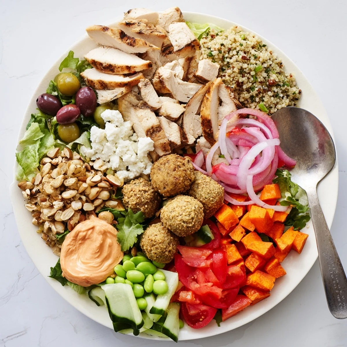 A colorful build-your-own boards and bowls setup, featuring fresh vegetables and proteins.  