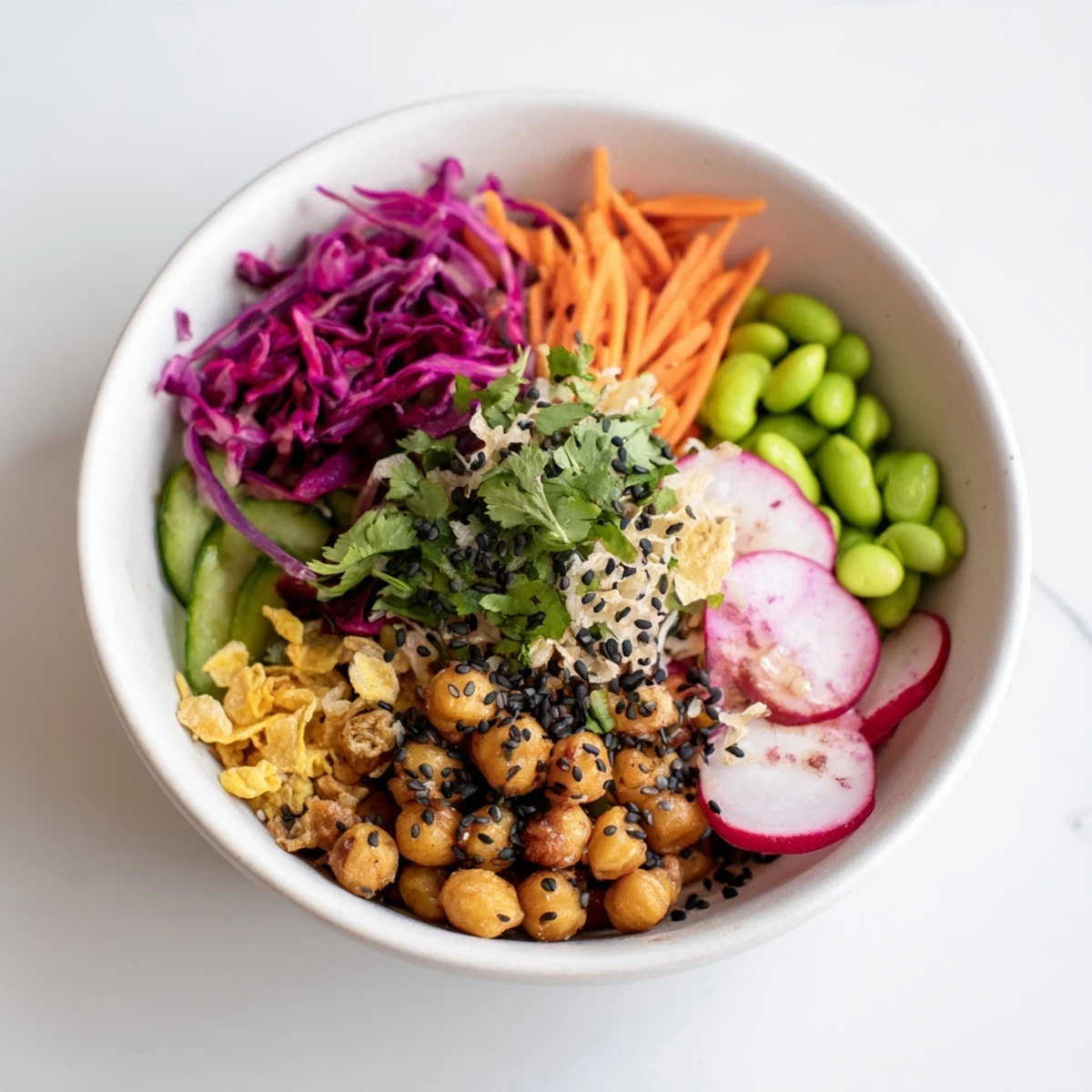 A vibrant ASMR Crunch Snack Bowl filled with colorful vegetables and crunchy toppings.  