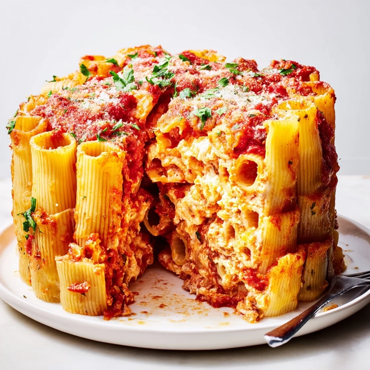 Stunning honeycomb pasta cake filled with rich tomato sauce and gooey cheese.  