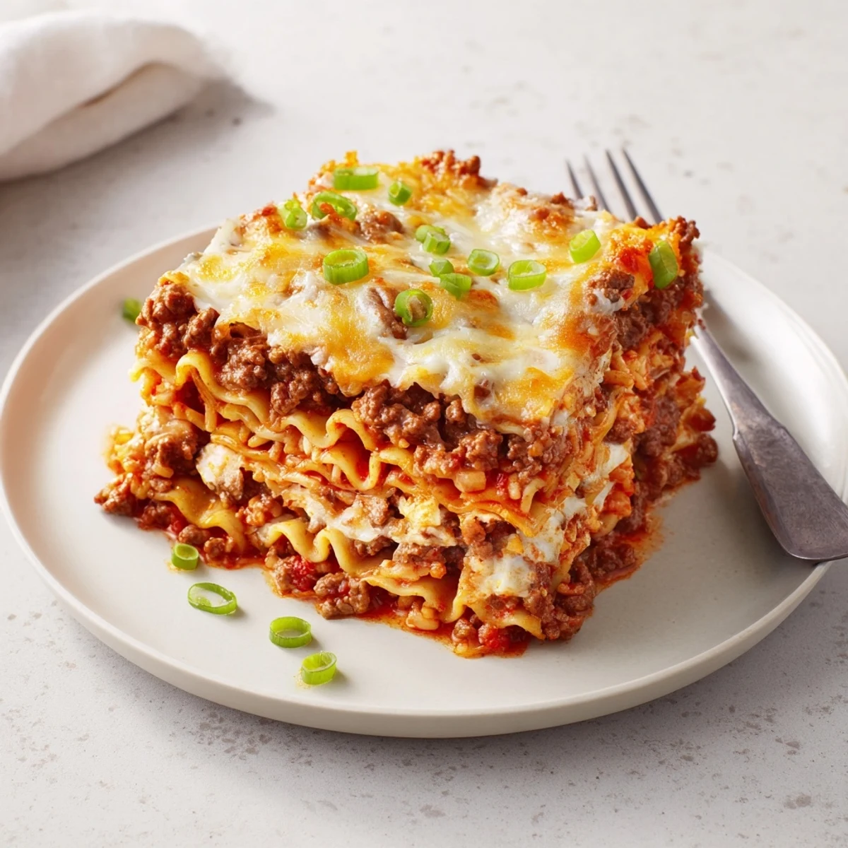 Spicy Ramen Lasagna layered with creamy cheeses and flavorful spicy pork, baked to perfection.  
