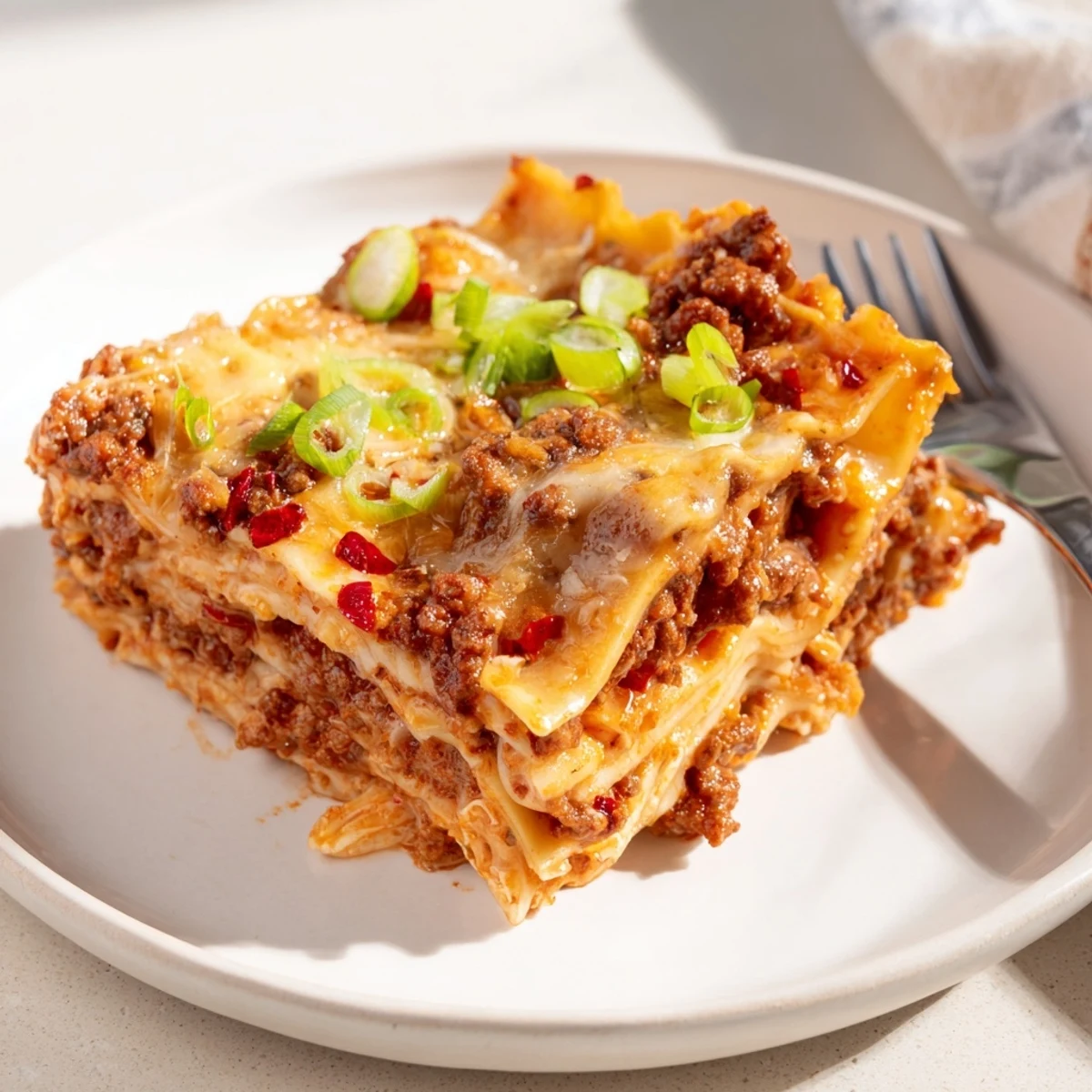 A delicious and hearty Spicy Ramen Lasagna topped with golden, bubbling cheese.  