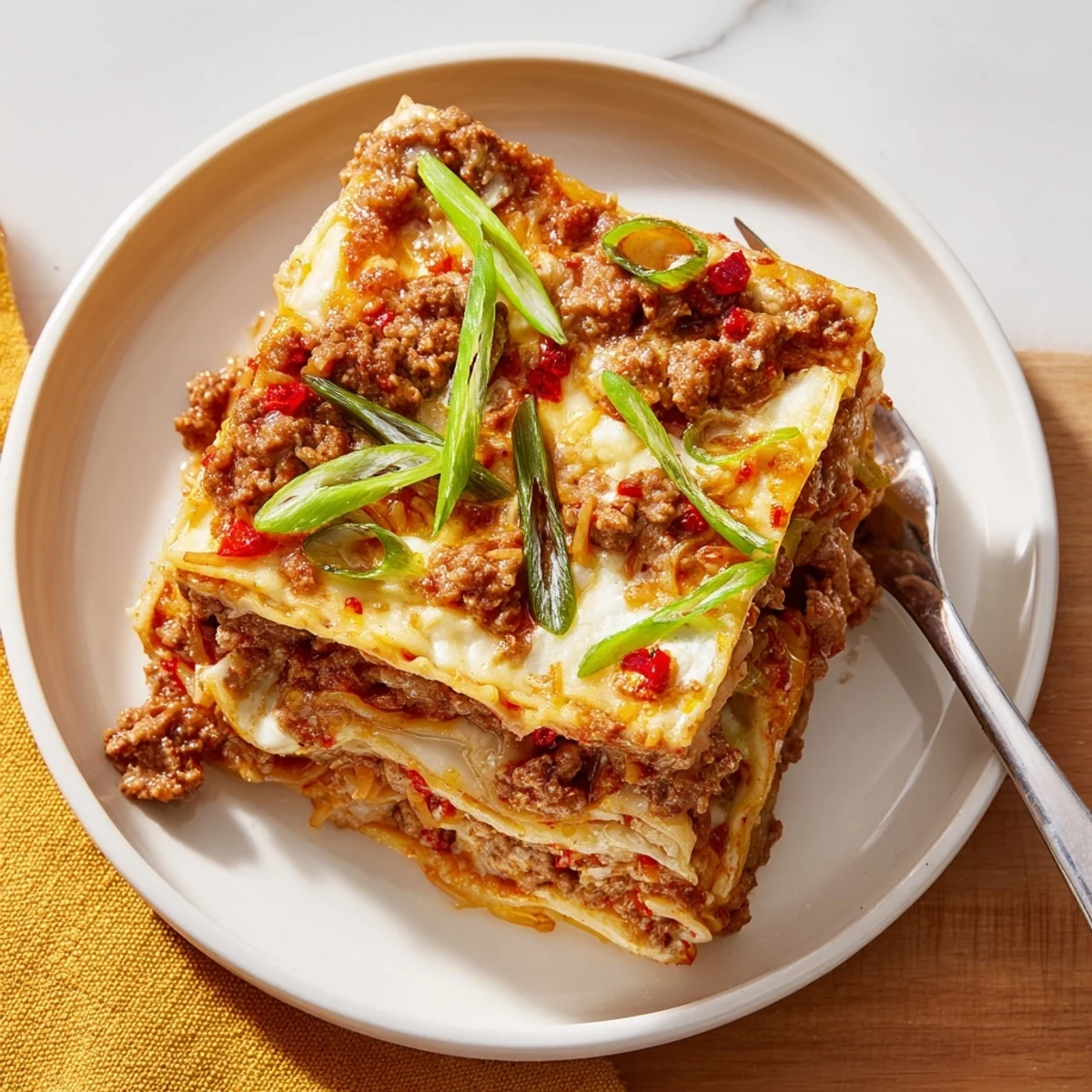 Mouthwatering Spicy Ramen Lasagna featuring vibrant layers of noodles, meat, and tomato sauce.