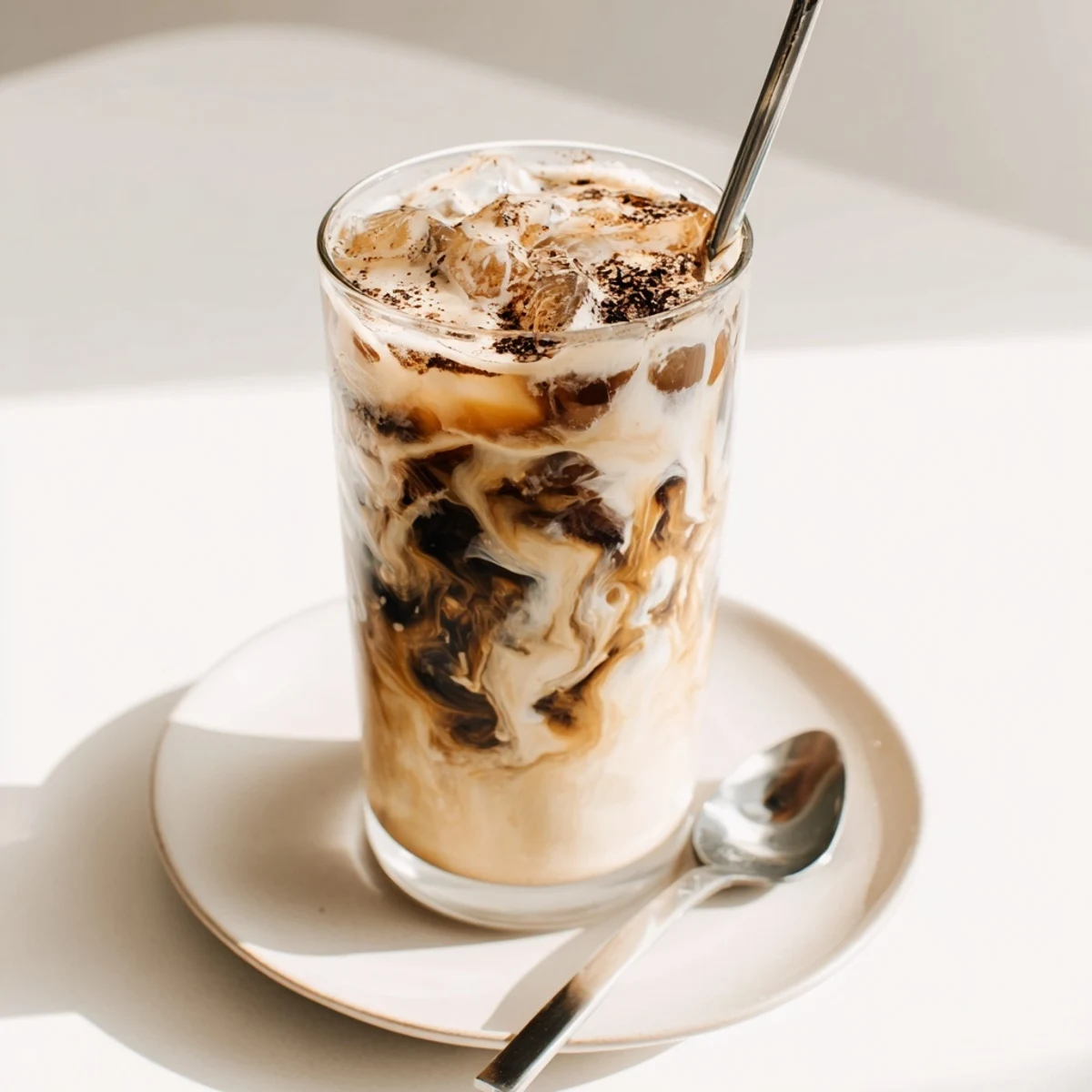 Rich tahini iced coffee topped with creamy plant-based milk and ice cubes.  