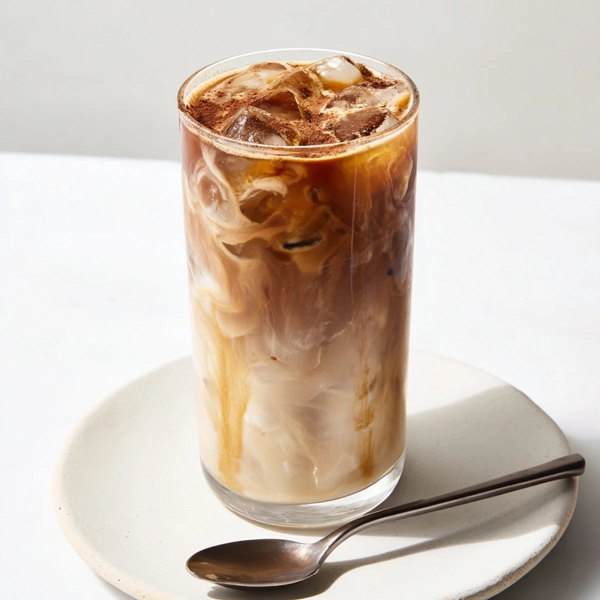 Iced coffee layered with tahini, perfect for a hot summer day treat.