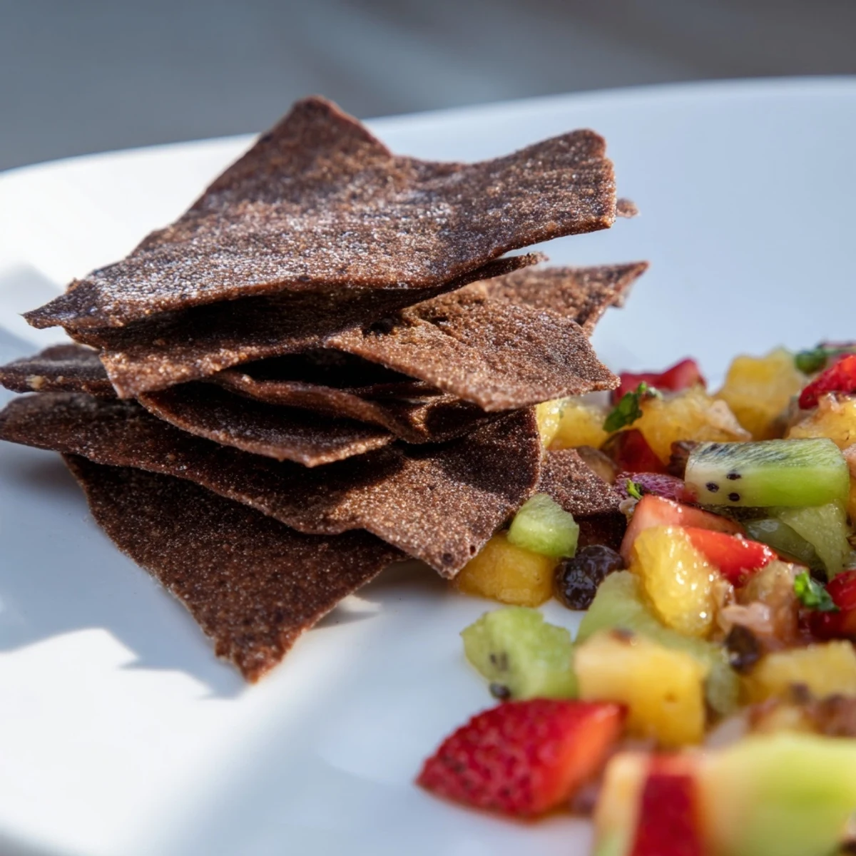 Crispy chocolate tortilla chips served with colorful, refreshing fruit salsa for dessert.  