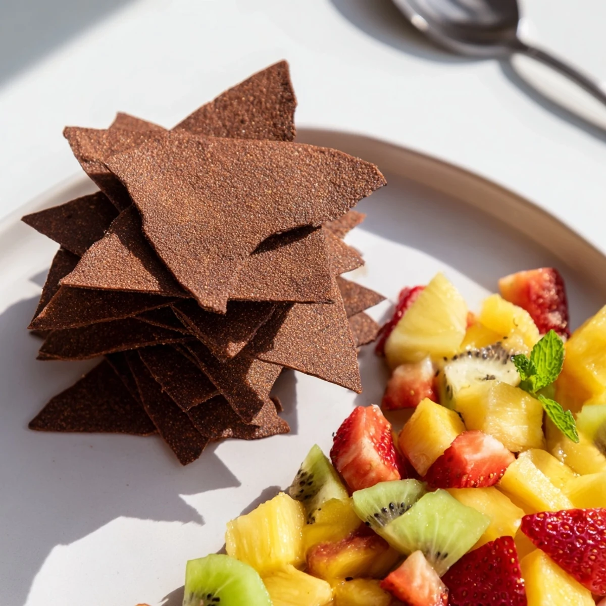 Decadent dessert chips & salsa featuring homemade chocolate chips and vibrant fruit medley.  