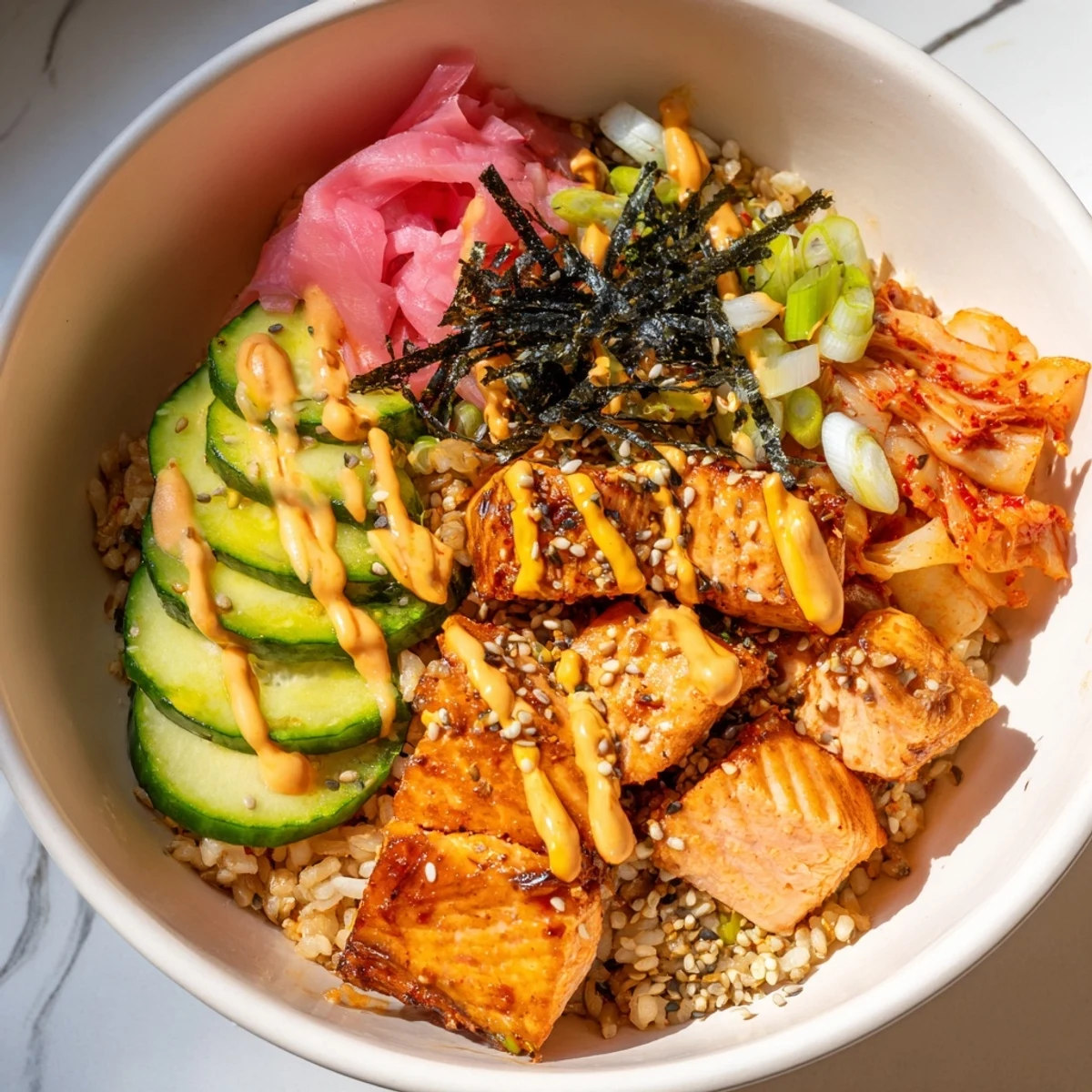 Savor the Crispy Salmon Rice Bowl, a delicious fusion of crispy salmon and fluffy rice.