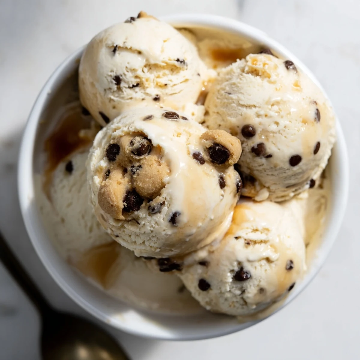 Creamy cottage cheese ice cream swirled with delicious cookie dough treats.  