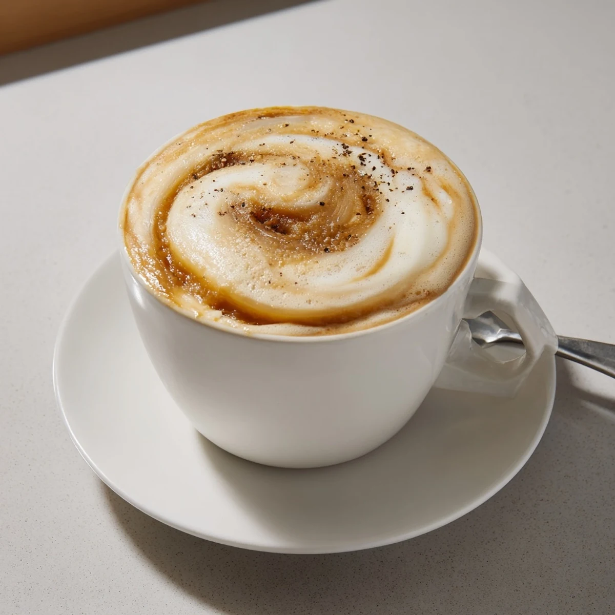 Creamy Onion Latte topped with frothed milk and caramelized onions garnishing the cup.  