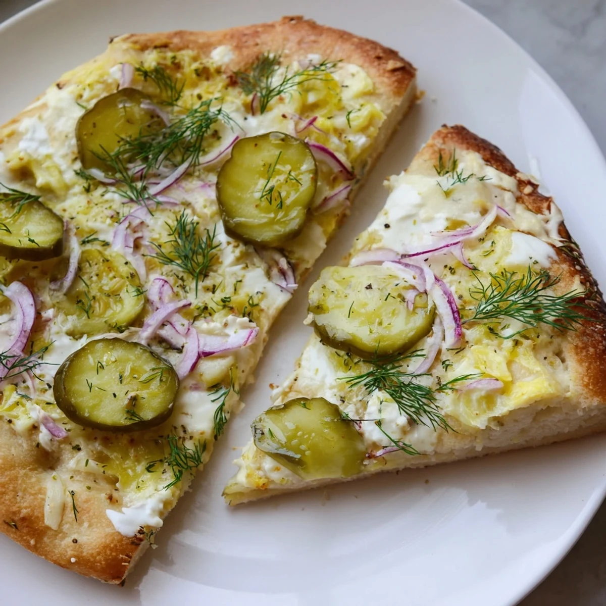 Tangy Pickle Pizza topped with creamy mozzarella and fresh dill accentuates flavor.  