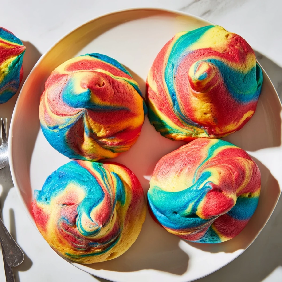 Fluffy cloud bread rainbow version, vibrant colors perfect for fun breakfasts or desserts.  