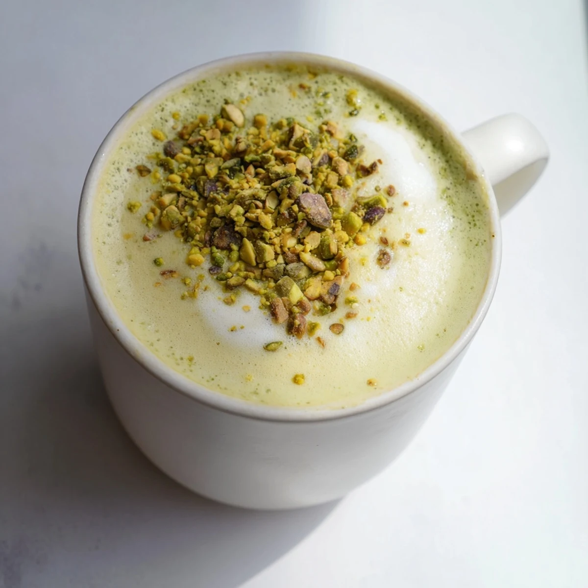 Fragrant pistachio milk latte, garnished with crushed nuts, perfect for cozy mornings.