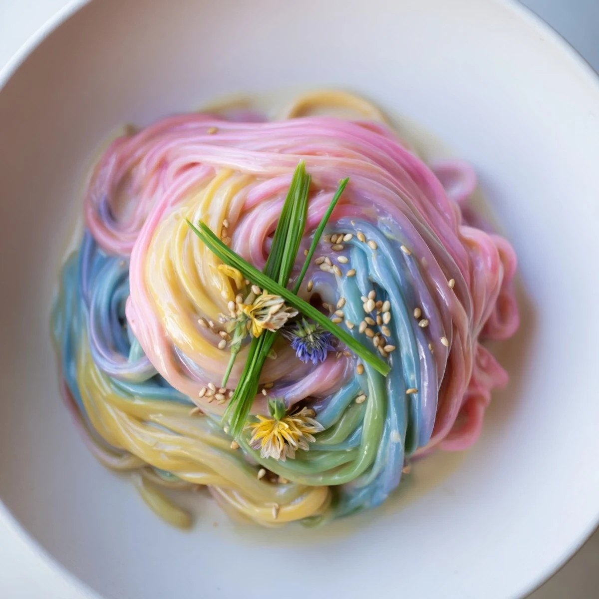 Vibrant Neon Noodle Cloud dish drizzled in a creamy, colorful sauce, perfect for parties.  