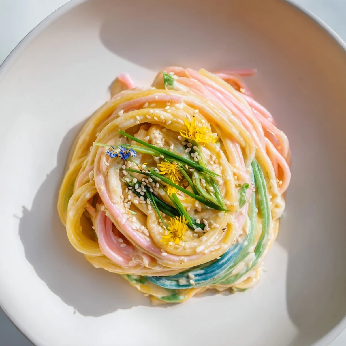 Lively Neon Noodle Cloud, featuring bright pasta swirled in dreamy creamy sauce and edible flowers.