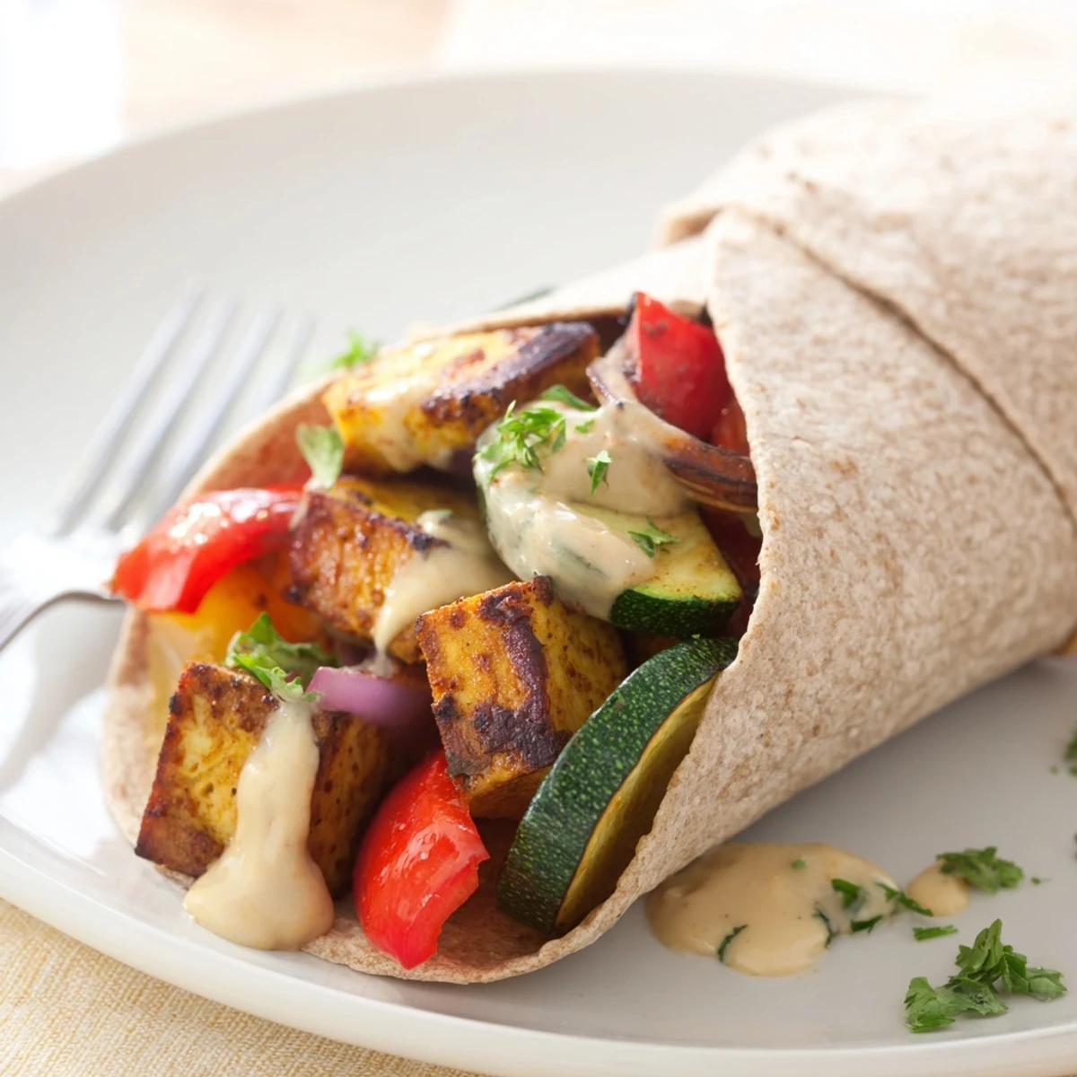Colorful vegan wraps are filled with marinated tofu and fresh veggies, drizzled with sauce.  