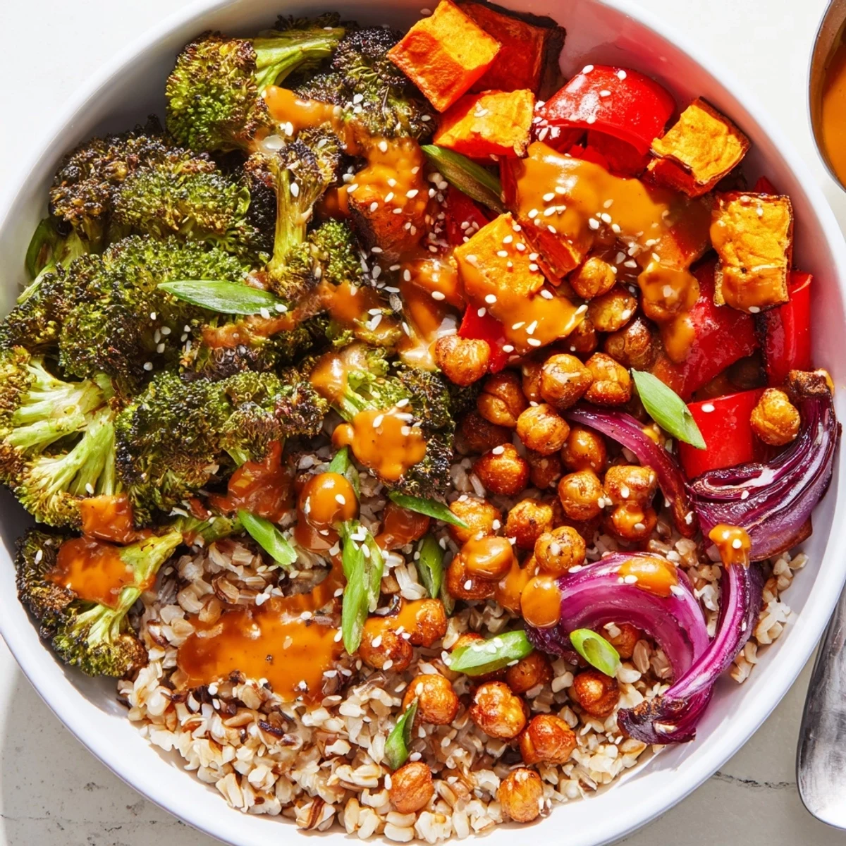 Hearty Bold Sauce Drizzle Bowls topped with chickpeas and fresh garnish options.