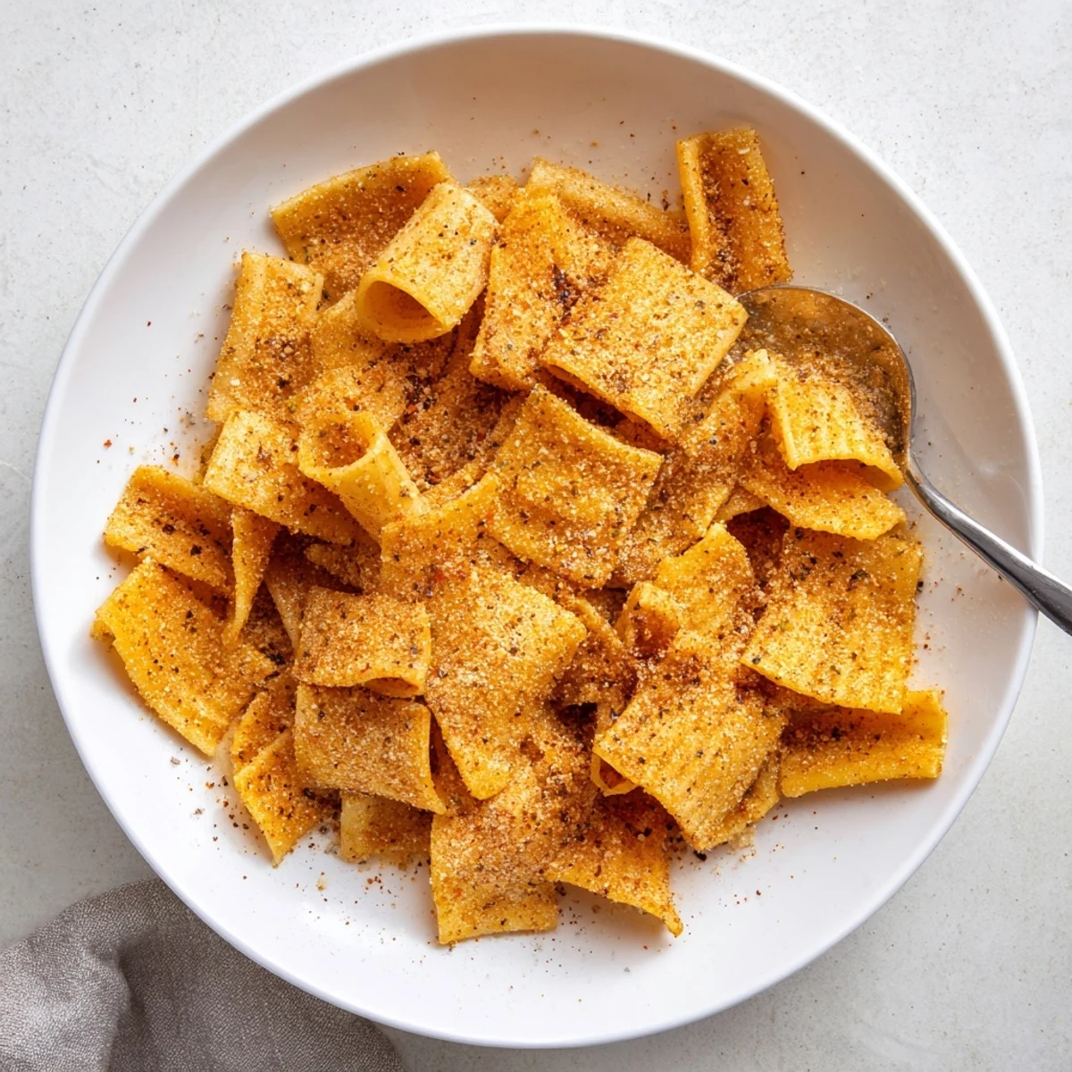 Golden-baked pasta chips seasoned with garlic and paprika, great for gatherings.  