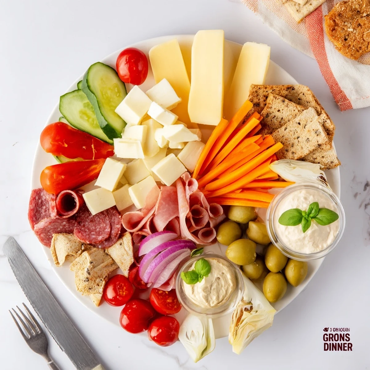 Stylish girl dinner platter loaded with delicious snacks, dips, and fresh fruits.  