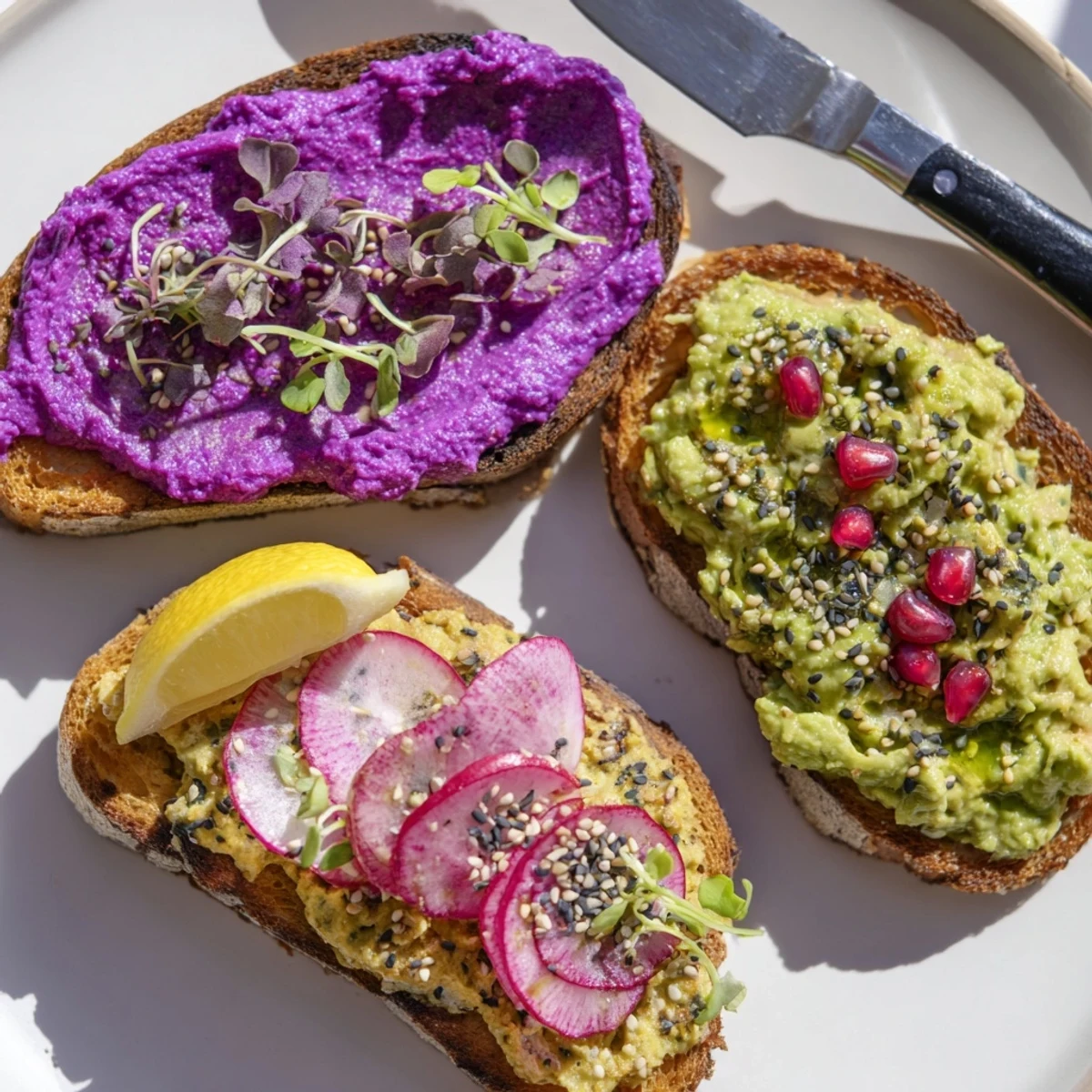 Colorful Bright & Bold Breakfast Toasts, drizzled with olive oil and garnished beautifully.