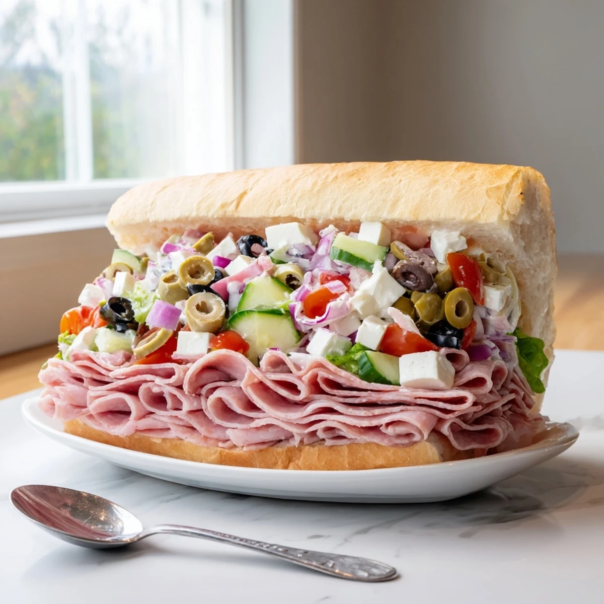 Flavor Mash-Up Sandwiches piled high with vibrant meats and fresh veggies, ideal for lunch.  
