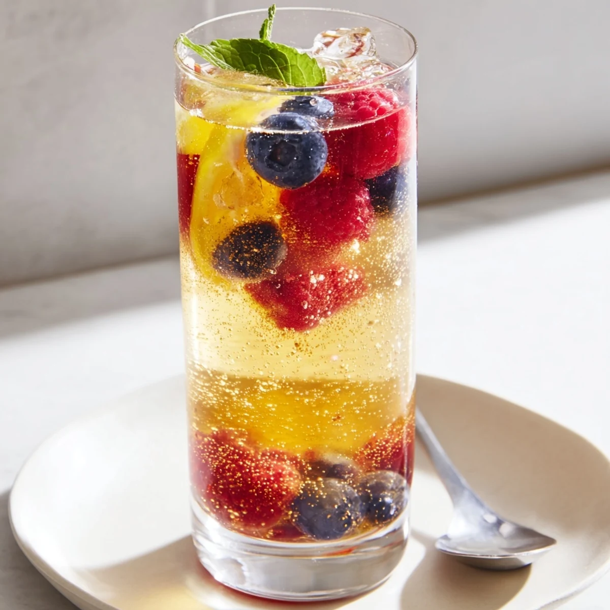 Refreshing kombucha-style home-brew mocktails, garnished with fresh berries and mint.  