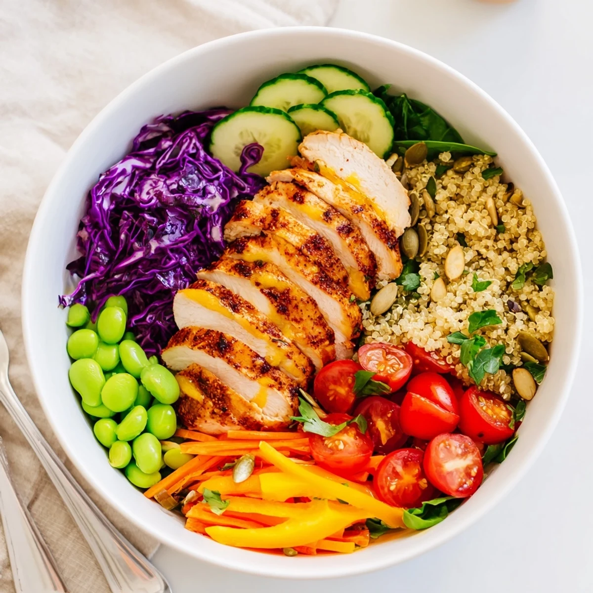 Colorful healthy meal-prep bowls with quinoa, vegetables, and grilled chicken slices.  