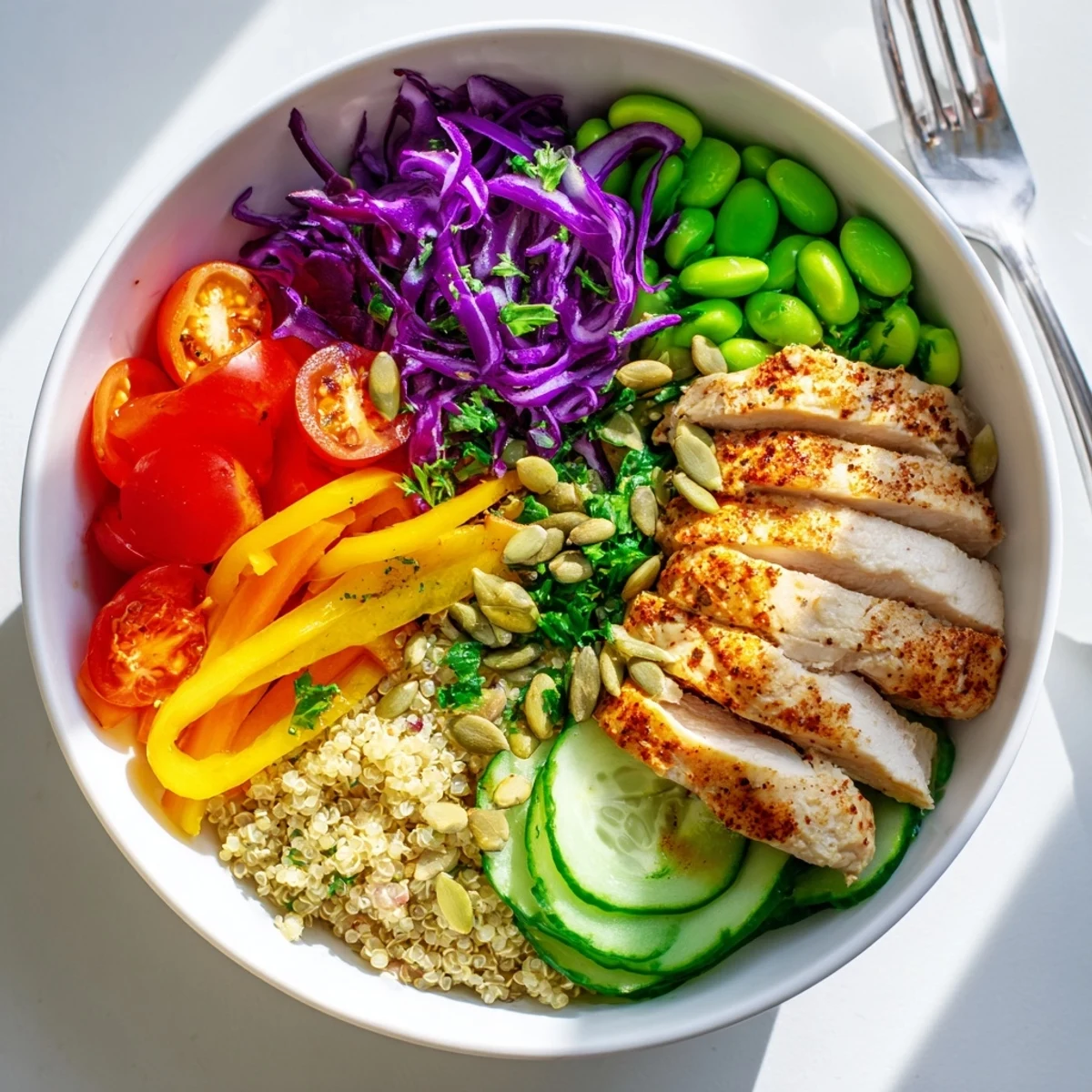 Vibrant meal-prep bowls showcasing layers of grains, fresh veggies, and a zesty dressing.  