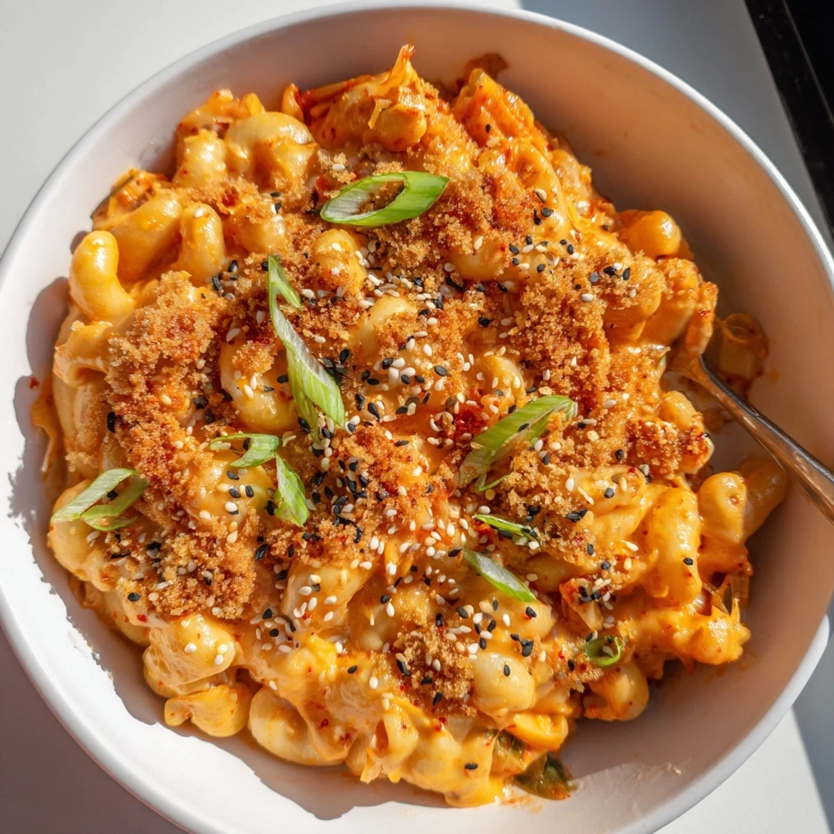 Creamy Spicy Kimchi Mac & Cheese topped with crunchy sesame for a bold flavor.  