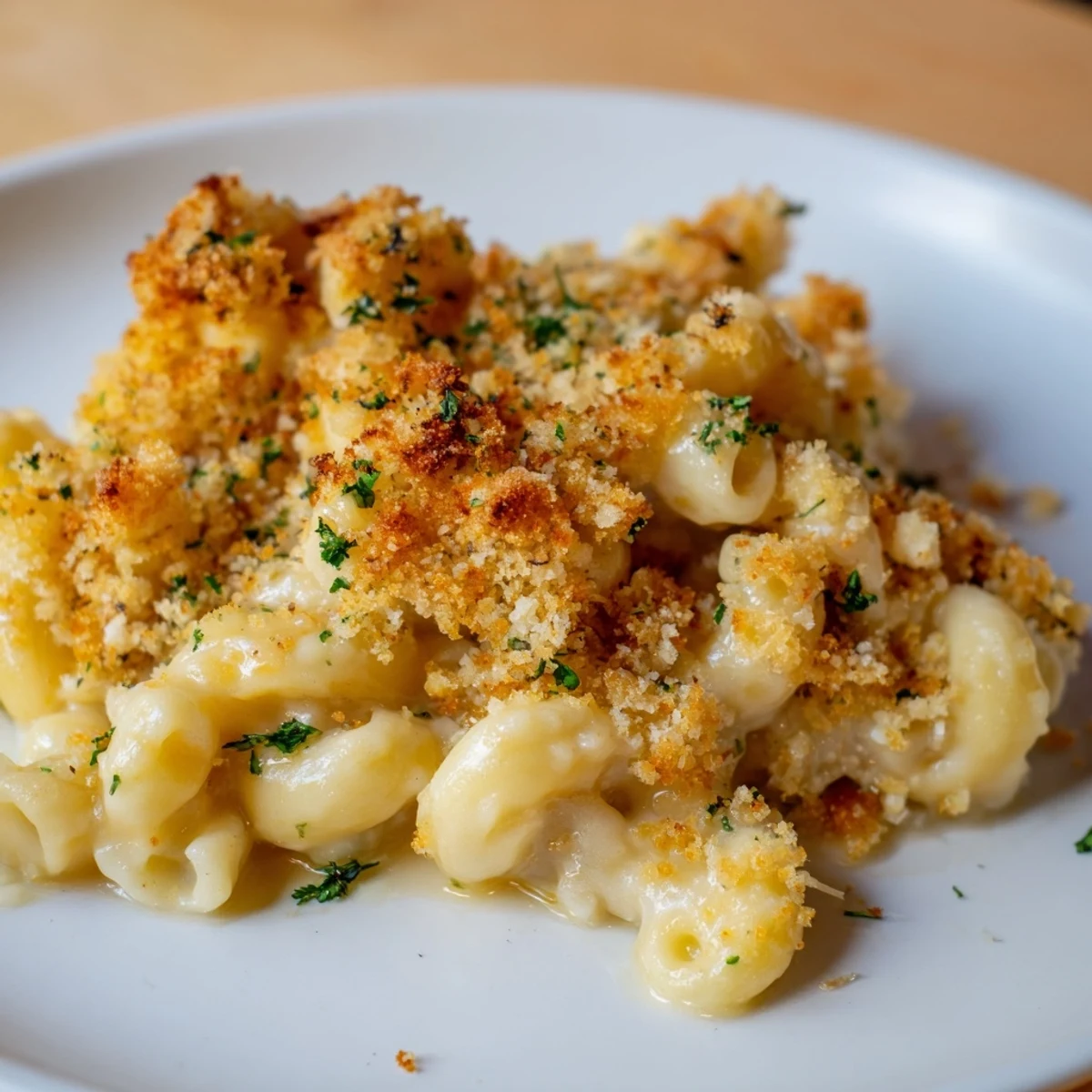 Creamy Truffle Macaroni & Cheese topped with golden breadcrumbs and aromatic herbs.  