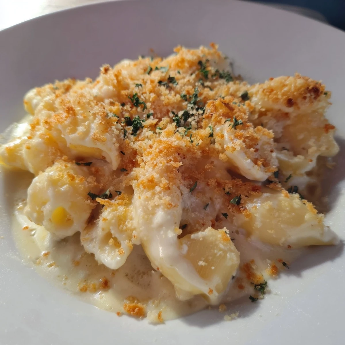 Decadent Truffle Macaroni & Cheese served in a bubbling dish with rich cheeses.  