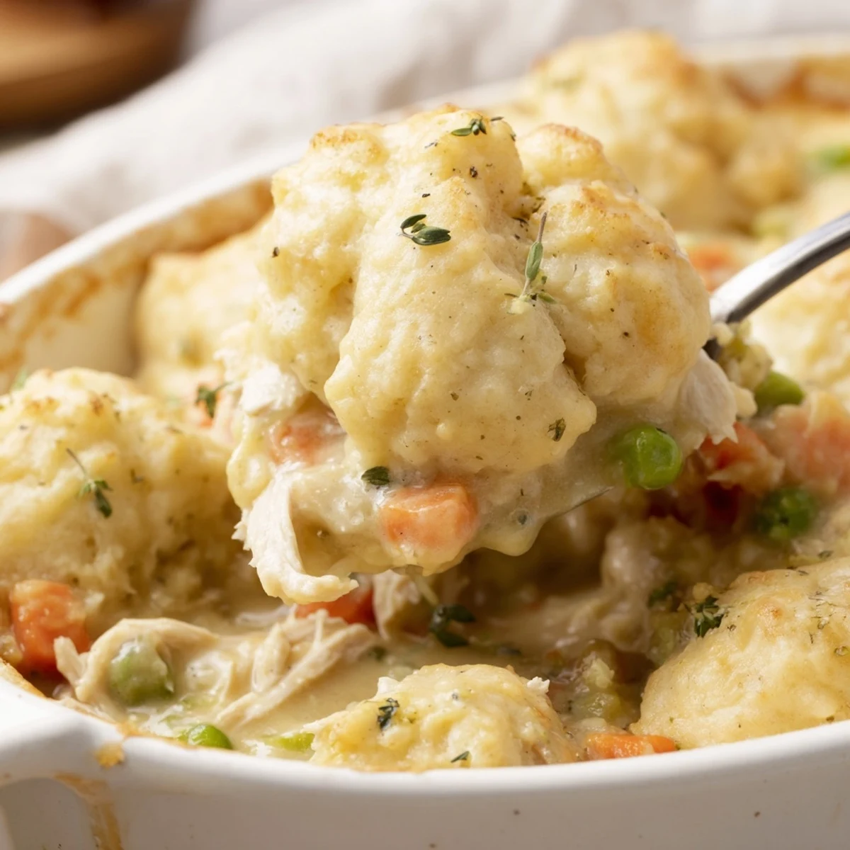 Creamy chicken and dumplings casserole infused with herbs and vibrant vegetables, perfect for dinner.  