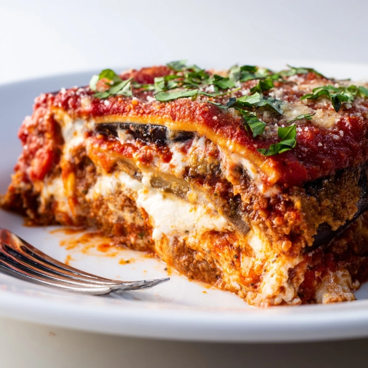 Layers of tender eggplant and creamy ricotta in Eggplant Parmesan Lasagna, perfect for dinner.  