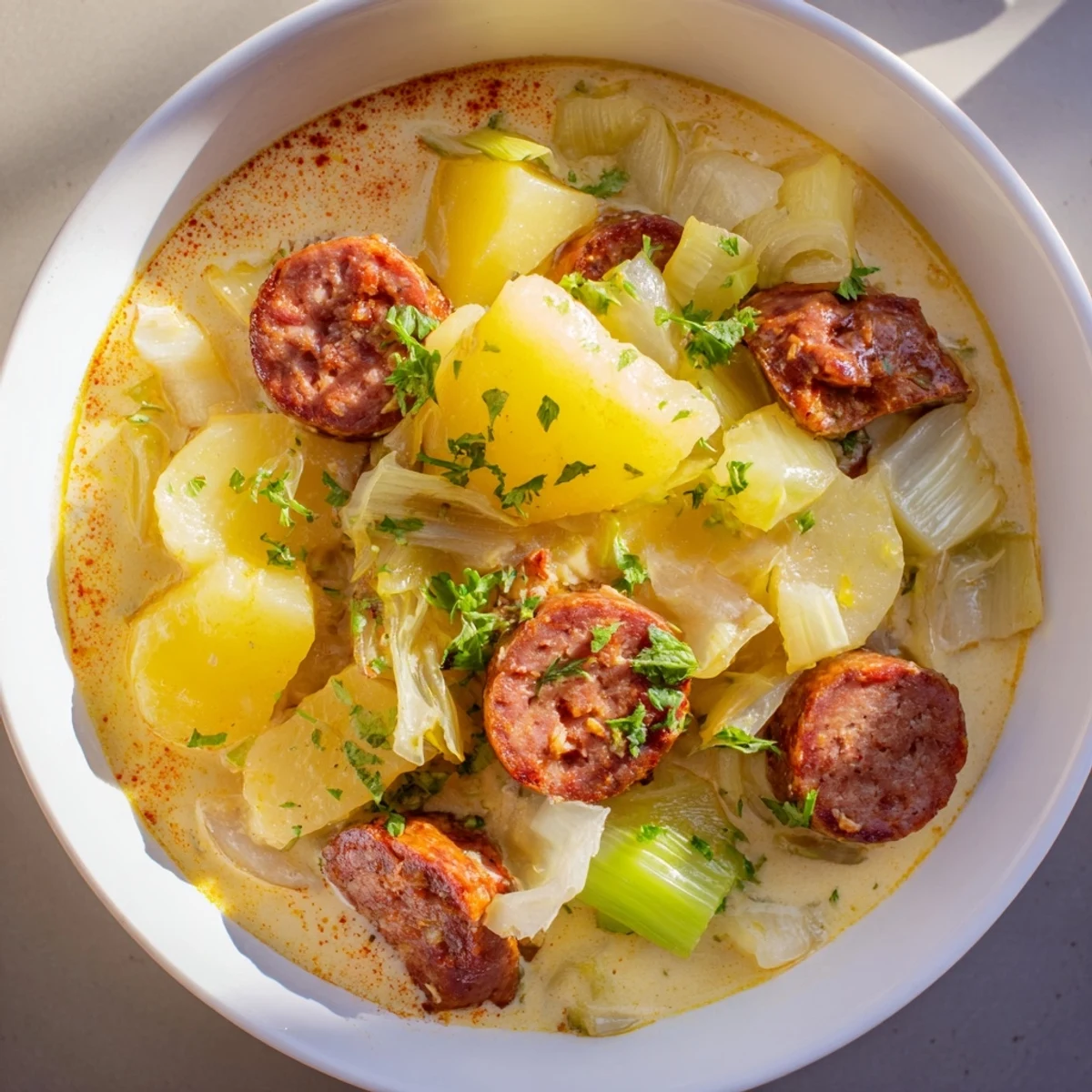 A comforting Potato, Leek & Chorizo Soup Bowl perfect for chilly evenings.  