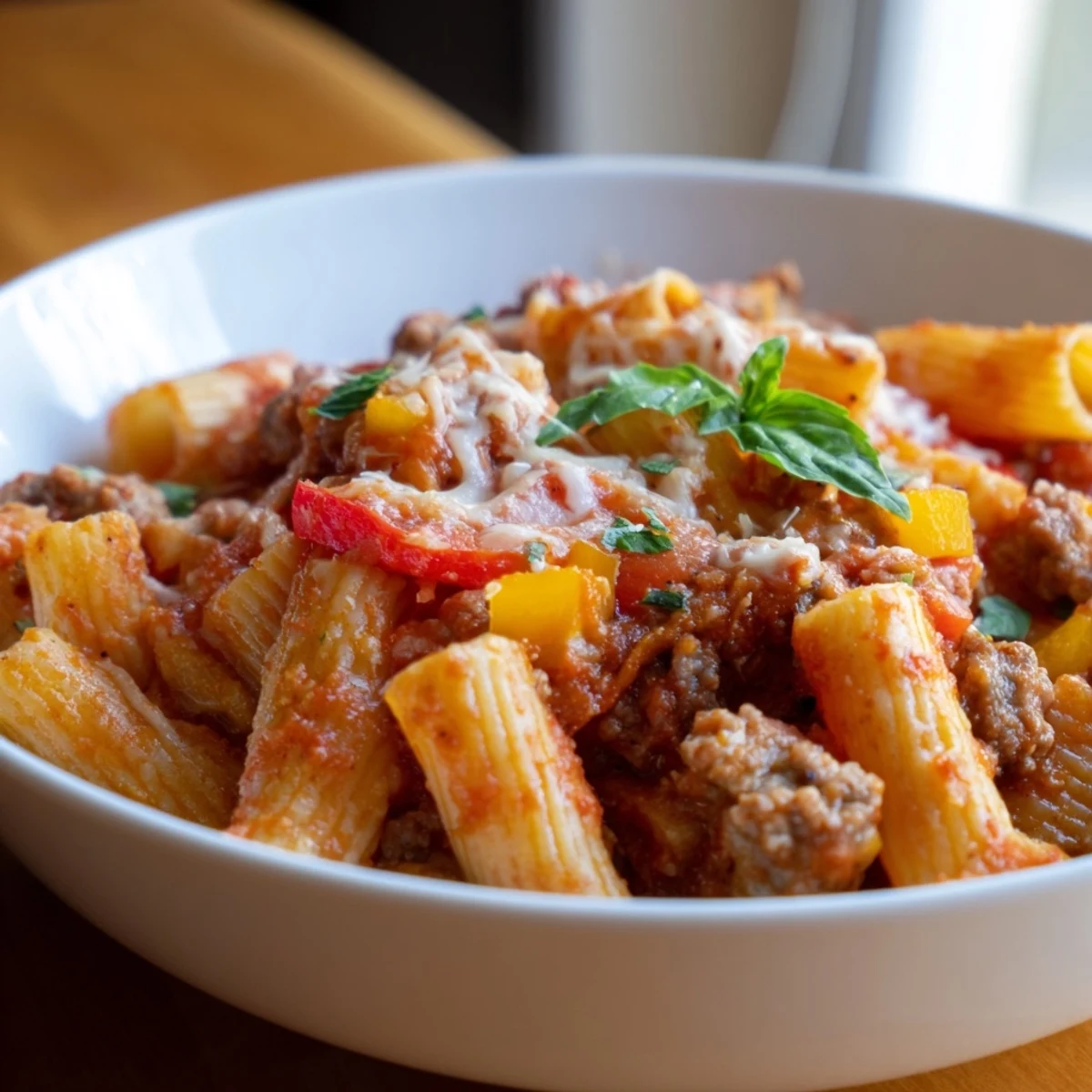 A comforting baked rigatoni with sausage, peppers, and a rich tomato sauce.  