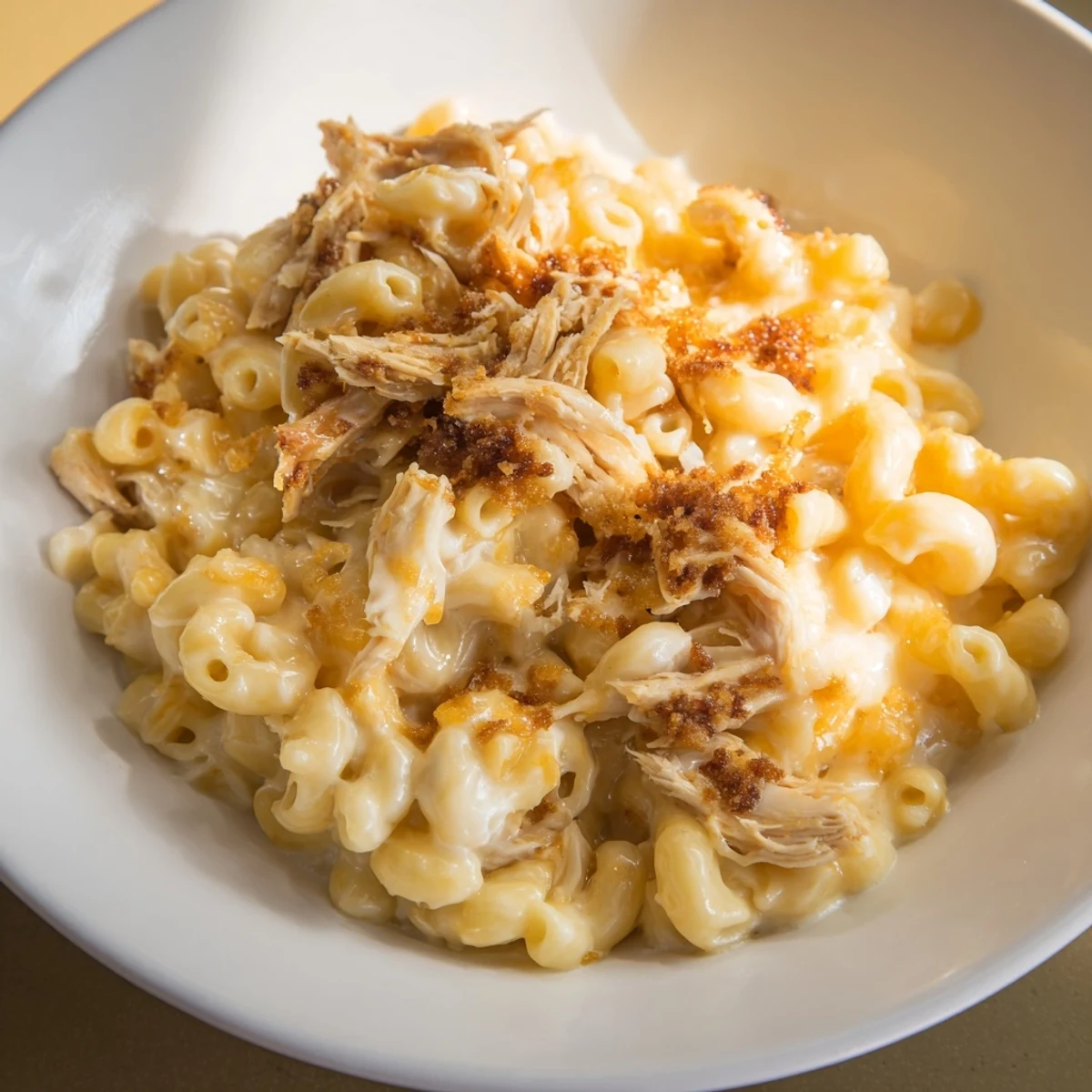 Creamy Classic Mac & Cheese with BBQ Chicken topped with crunchy panko breadcrumbs.