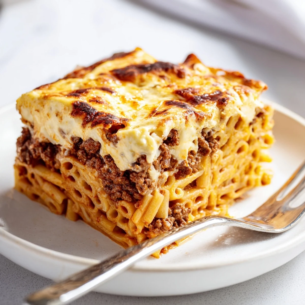 Creamy Greek pastitsio layered with spiced beef and baked to perfection.  
