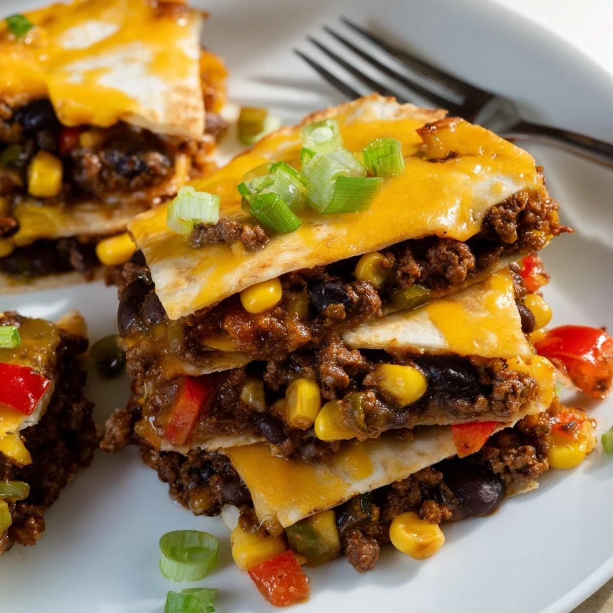 Crispy sheet pan quesadillas with beef, cheese, and vibrant vegetables ready to serve.  