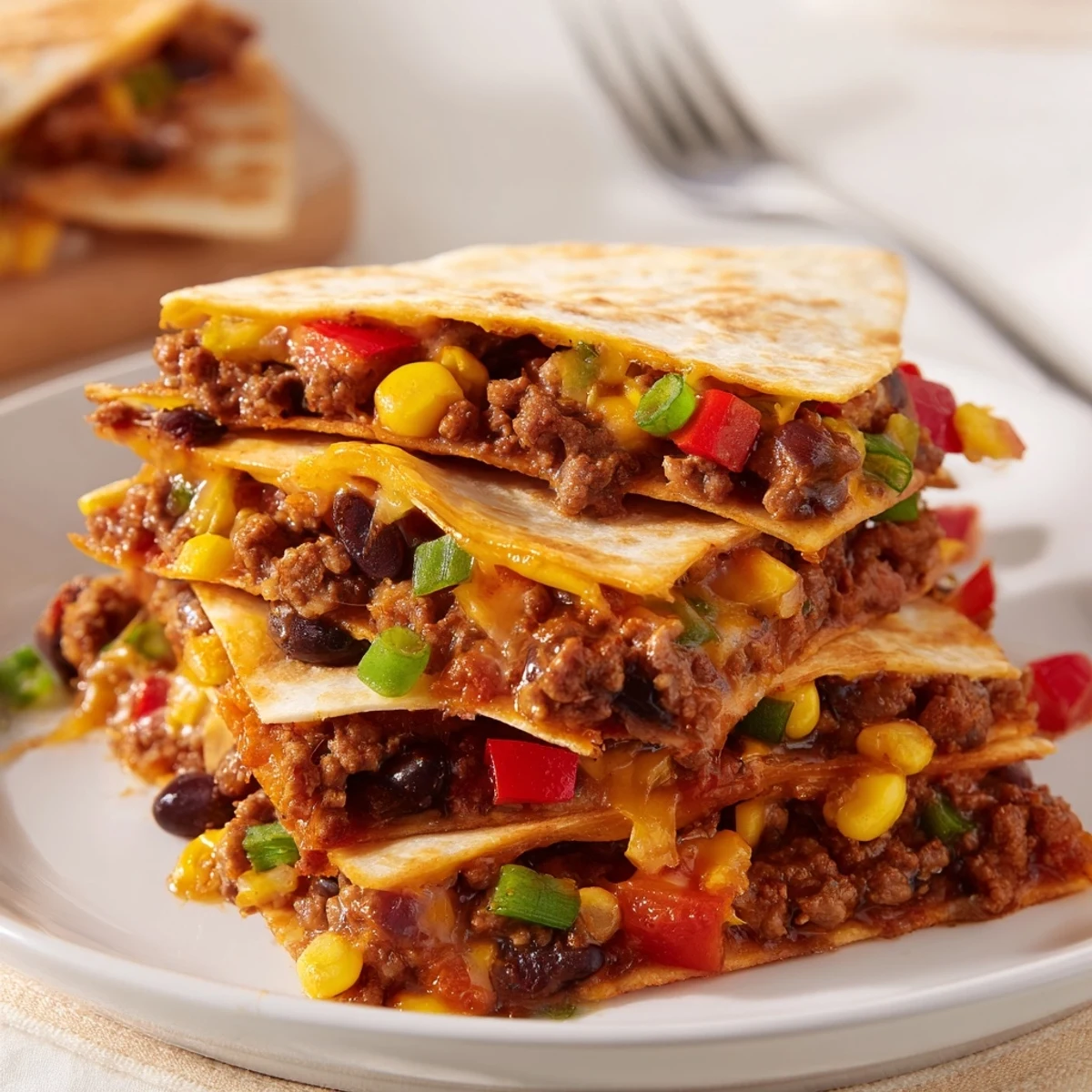 Savory sheet pan quesadillas stuffed with seasoned beef and colorful veggies, ideal for sharing.